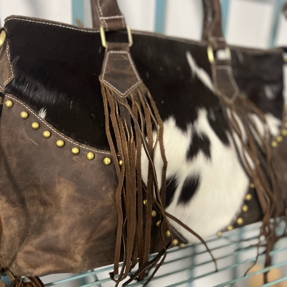 New Western Genuine Cowhide and Crazy Horse Rustic Leather Satchel Bag Fringe - Picture 9 of 15